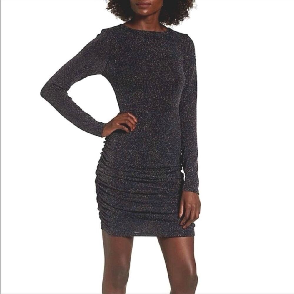 Leith Rainbow Sparkle Bodycon Black Dress with Ruching on Sides, Size Small